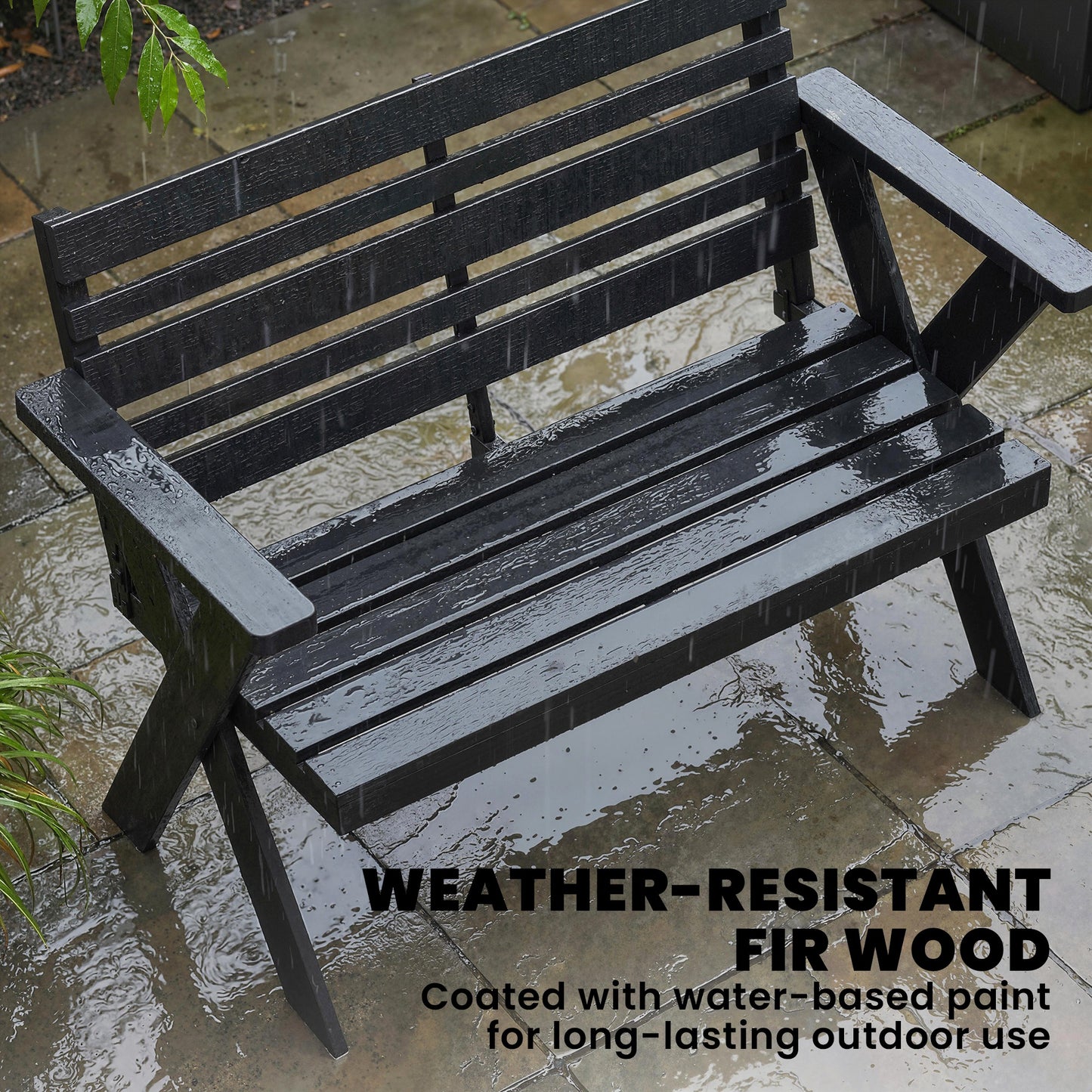 2 Seater Wood Garden Bench, Slatted Patio Bench with Armrest Black