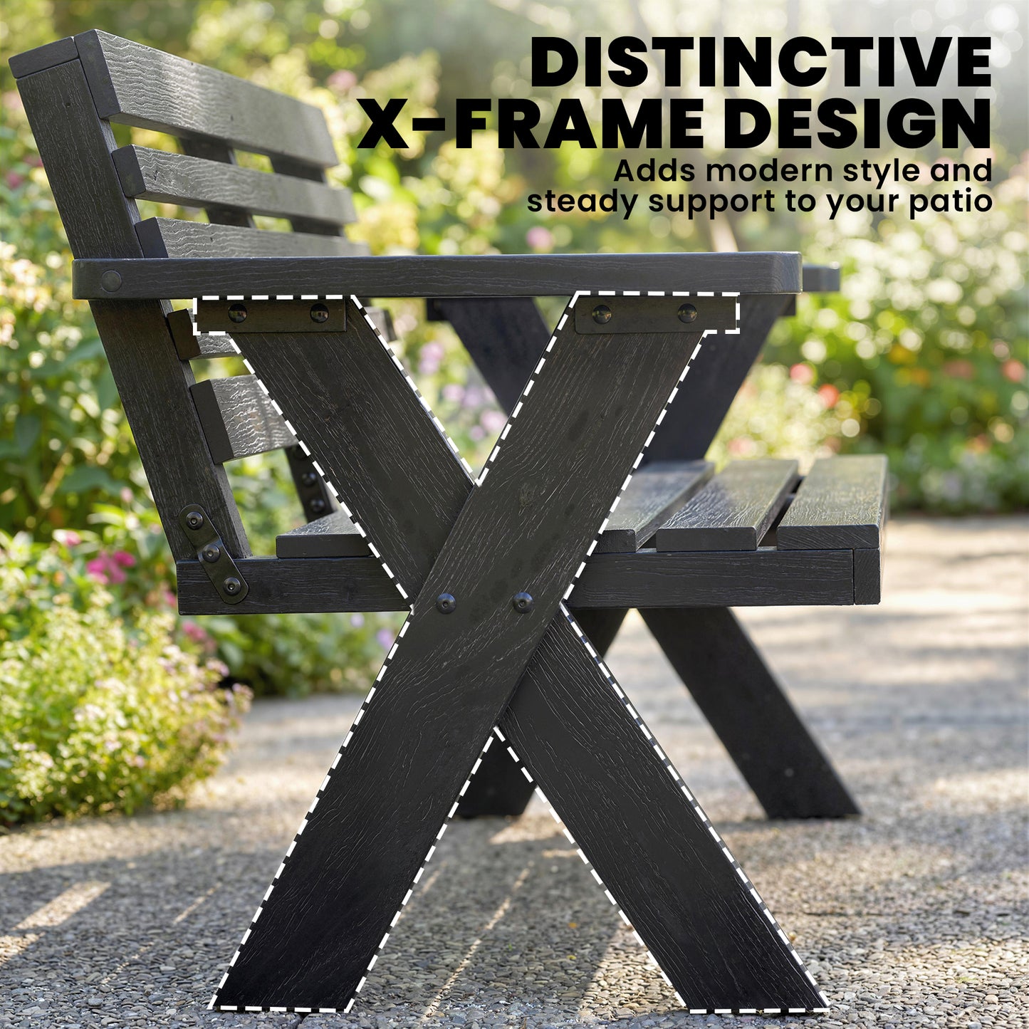 2 Seater Wood Garden Bench, Slatted Patio Bench with Armrest Black