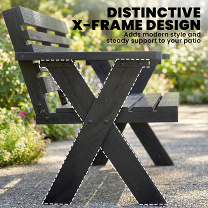 2 Seater Wood Garden Bench, Slatted Patio Bench with Armrest Black