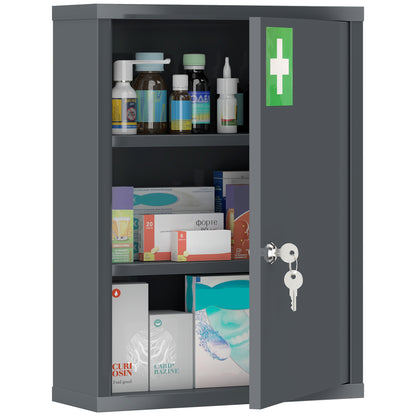 3-Tier Lockable Wall-Mounted Steel Medicine Cabinet with 2 Keys - Smoke Grey