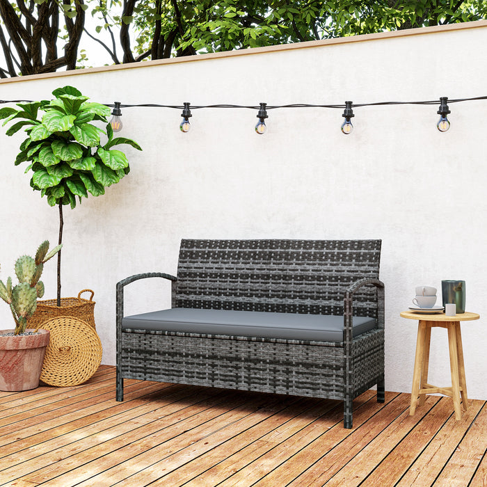 Rattan Garden Bench w/ 125L Storage, Cushioned Outdoor Bench, Grey