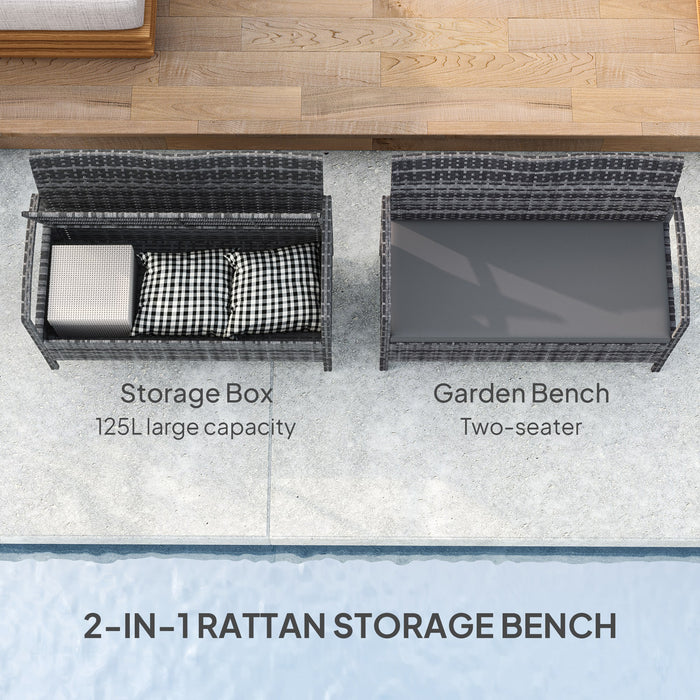 Rattan Garden Bench w/ 125L Storage, Cushioned Outdoor Bench, Grey