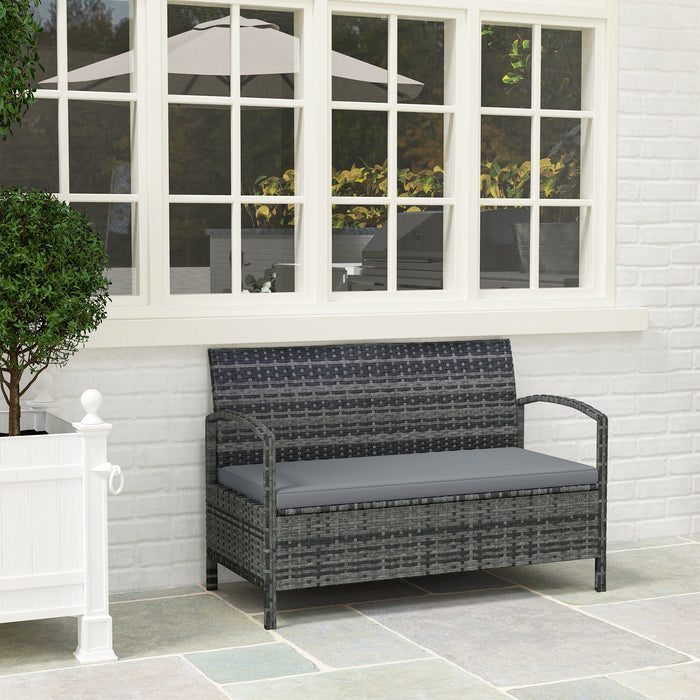 Rattan Garden Bench w/ 125L Storage, Cushioned Outdoor Bench, Grey