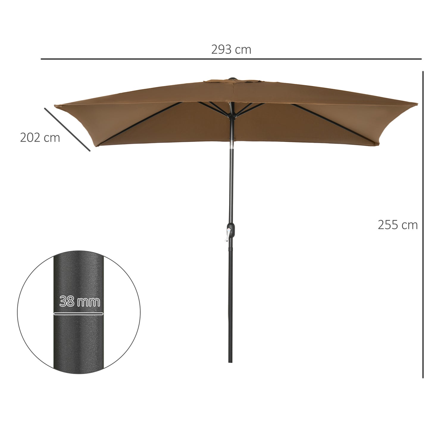 3x2m Patio Parasol Canopy Tilt Crank 6 Ribs Sun Shade Garden Brown