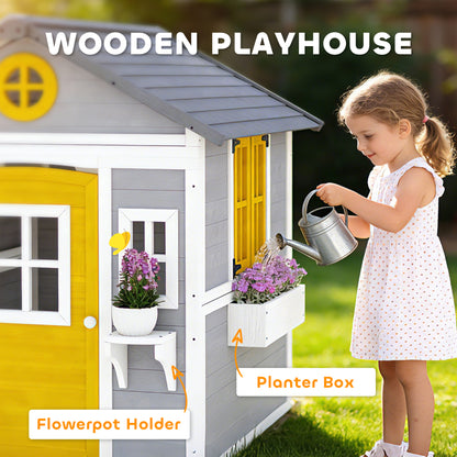 Wooden Playhouse for Kids Outdoor Wendy House with Doors, Windows, Plant Pots, Boxes, for 3-8 Years - Grey