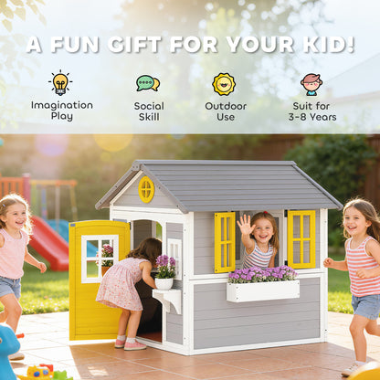 Wooden Playhouse for Kids Outdoor Wendy House with Doors, Windows, Plant Pots, Boxes, for 3-8 Years - Grey