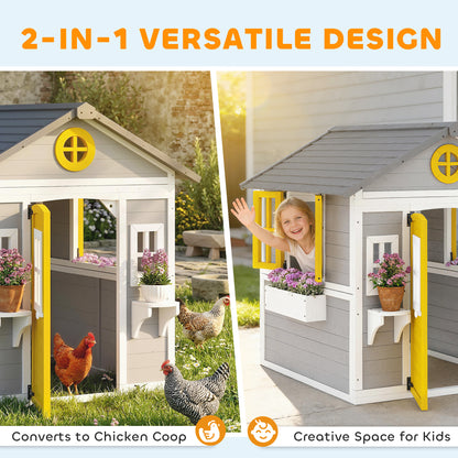 Wooden Playhouse for Kids Outdoor Wendy House with Doors, Windows, Plant Pots, Boxes, for 3-8 Years - Grey
