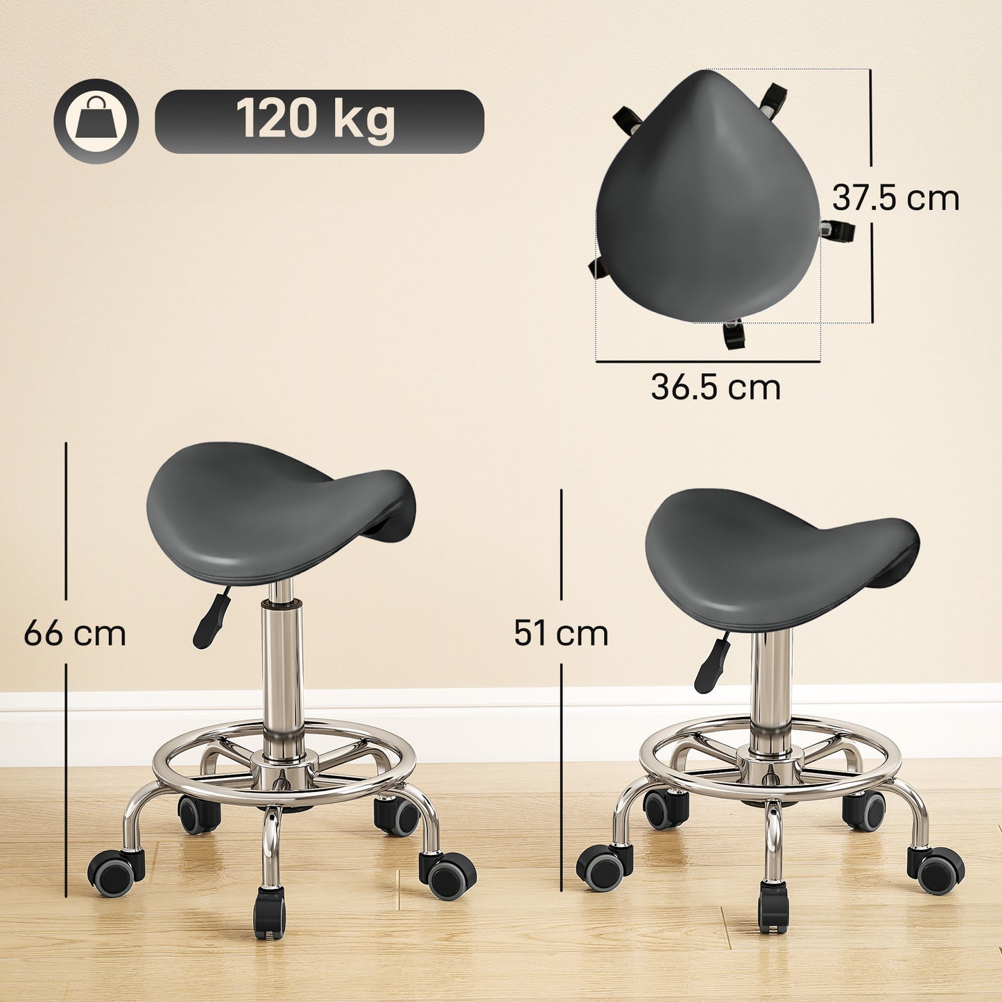 Saddle Chair, Rolling Salon Stool for Massage Spa, Grey