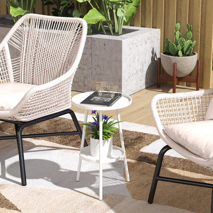 Round Garden Table, 2-Tier Metal Patio Table Coffee Table, White
