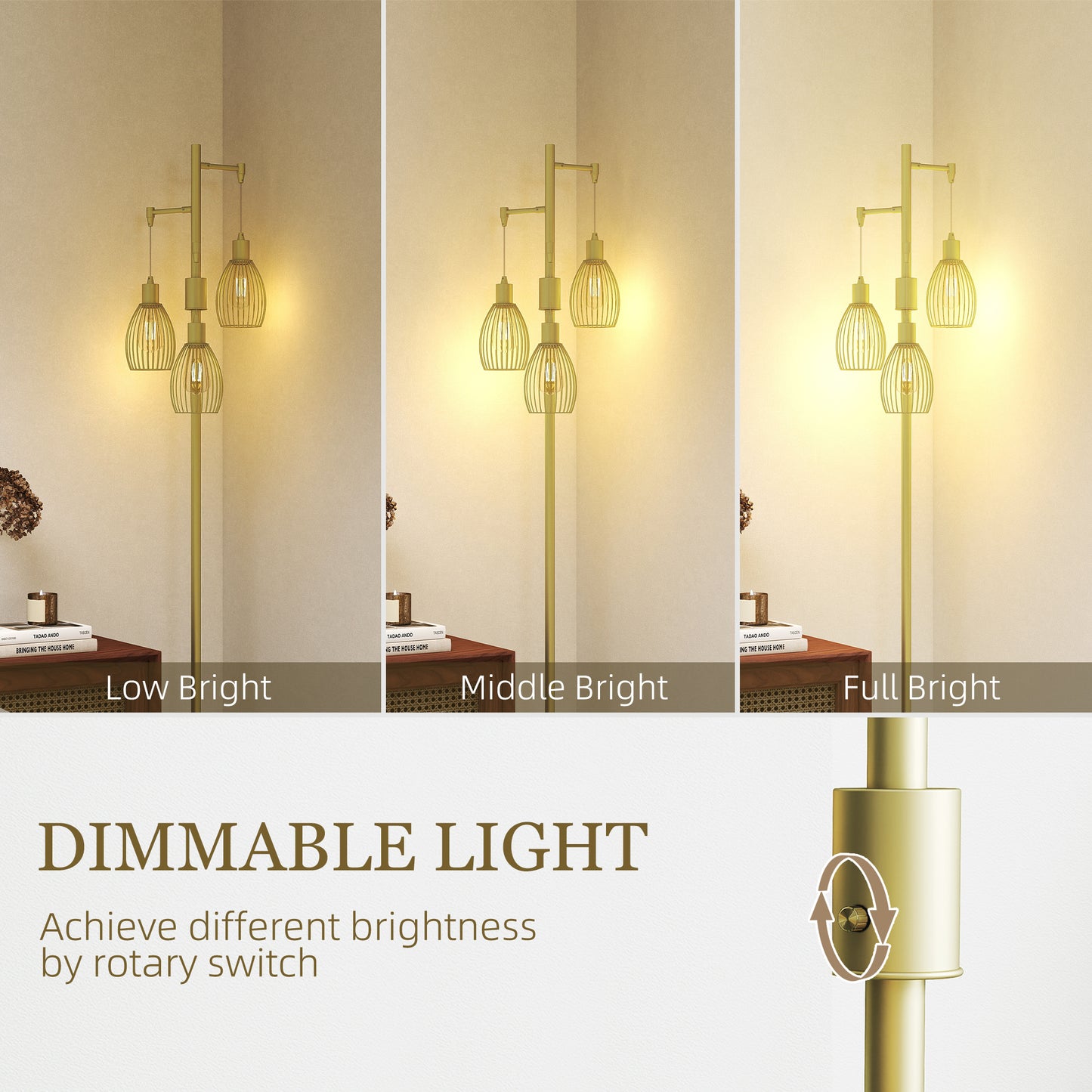 Industrial 3-Light Floor Lamp Dimmable Standing Lamp, Gold