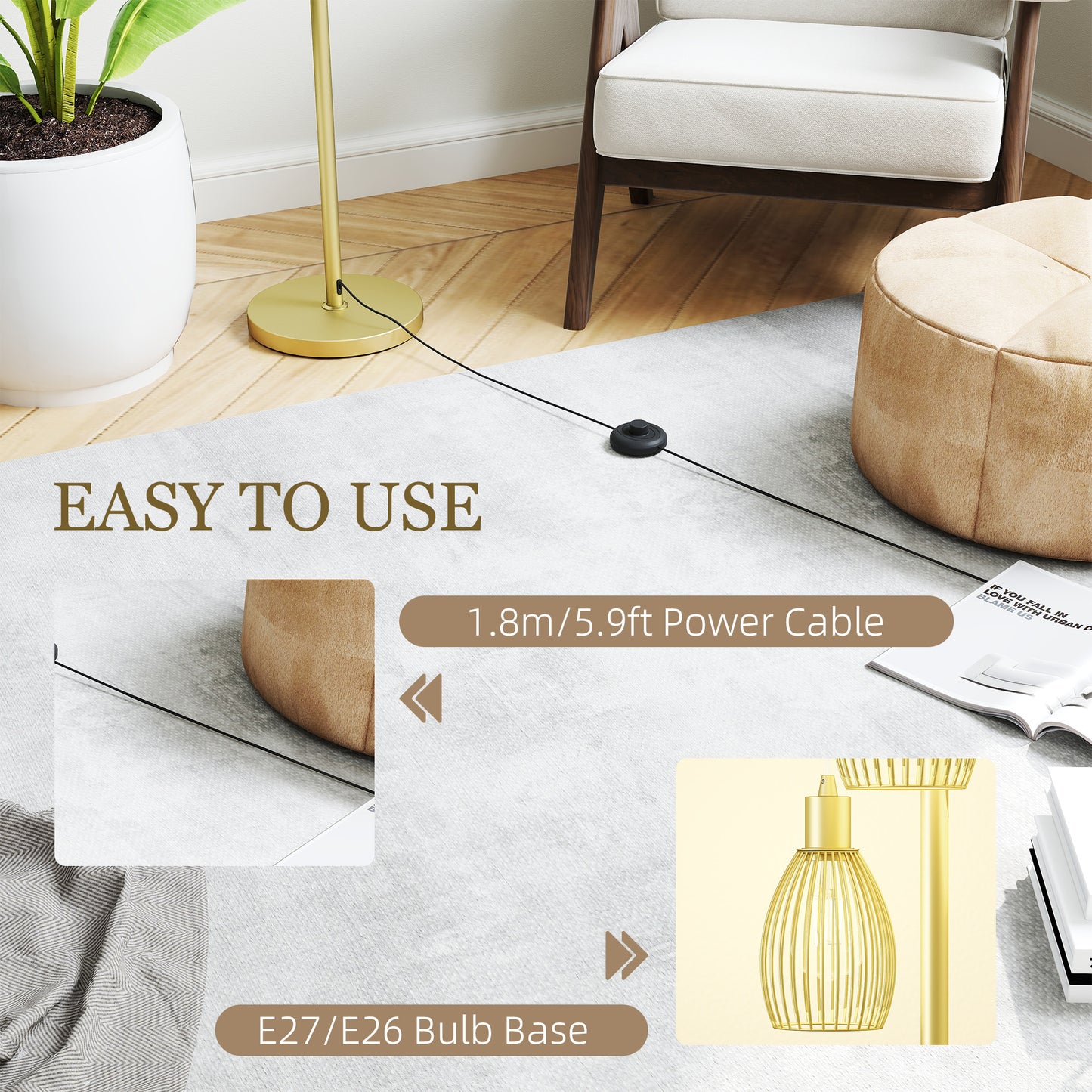 Industrial 3-Light Floor Lamp Dimmable Standing Lamp, Gold