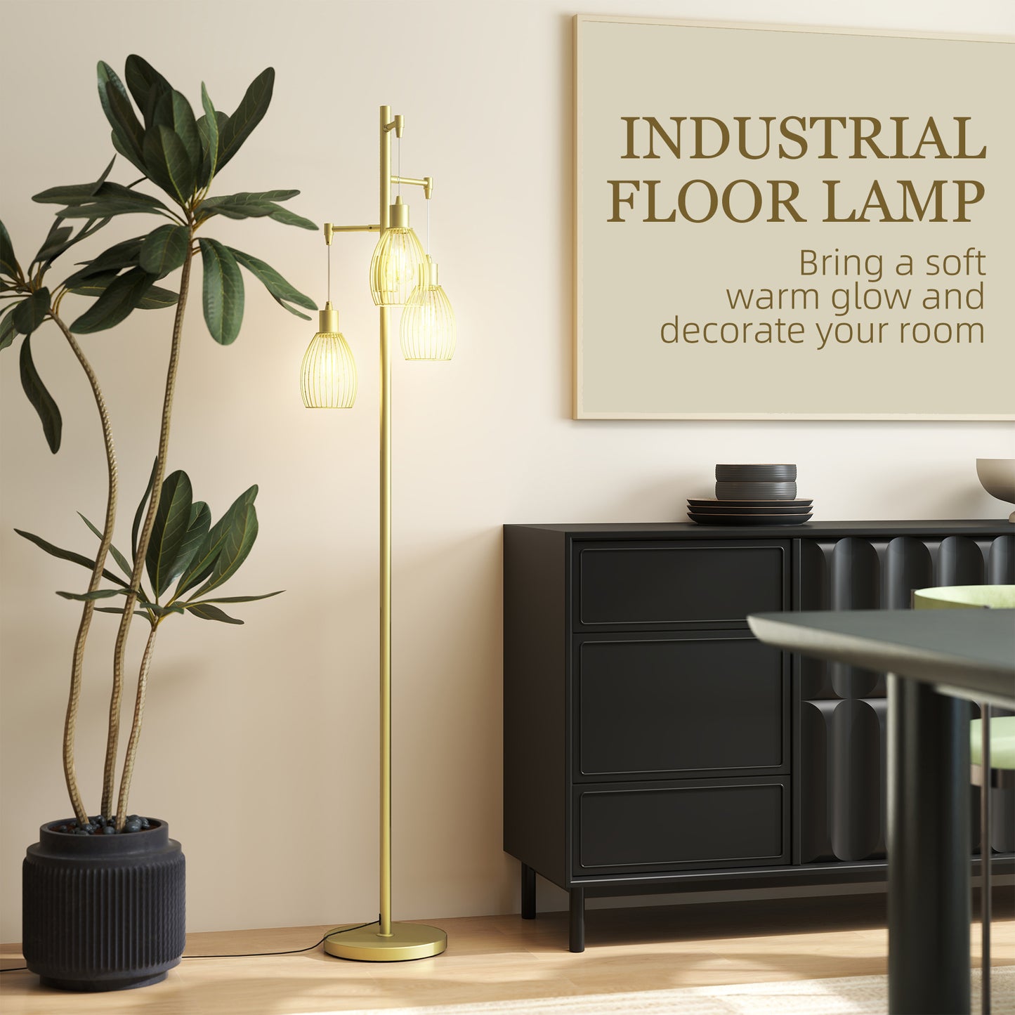 Industrial 3-Light Floor Lamp Dimmable Standing Lamp, Gold