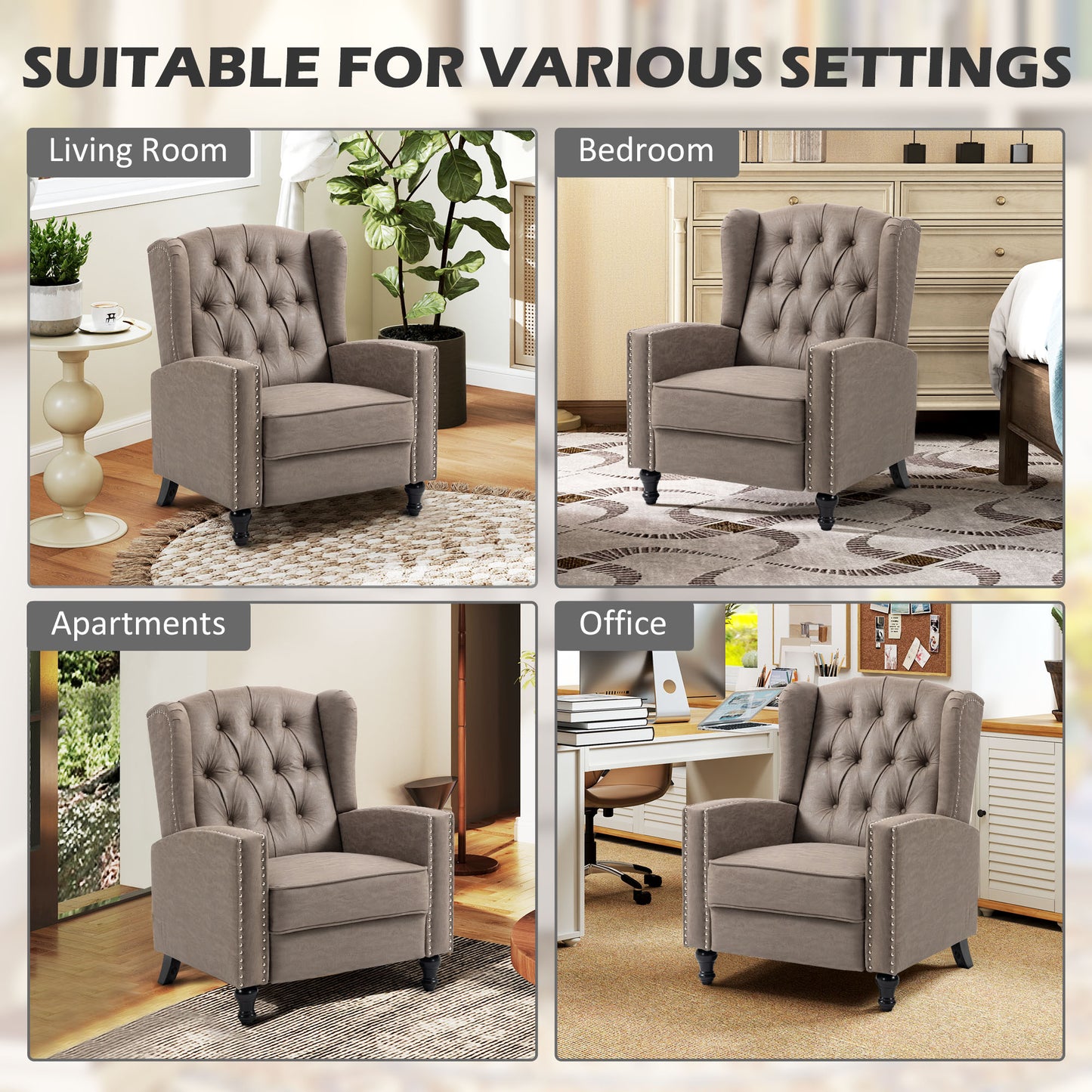 Marble Effect Manual Reclining Armchair w/ Footrest Studs Wood Legs Brown