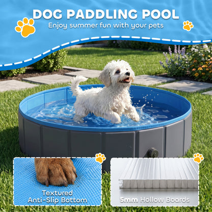 Foldable Dog Pool for Puppies and Ducks, Thickened PVC Dog Paddling Pool Bath Tub Hard Board, Anti-Slip Bottom and Hose Adapter for Easy Drainage, 80 x 20cm, Blue and Dark Grey