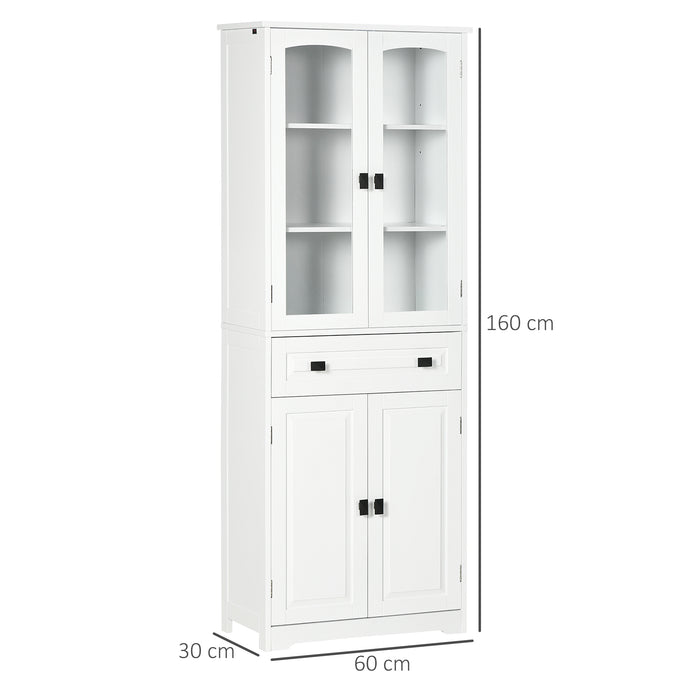 Kitchen Cupboard, Freestanding Storage Cabinet with 2 Adjustable Shelves, Drawer and Glass Door for Living Room, Dining Room, 160cm, White