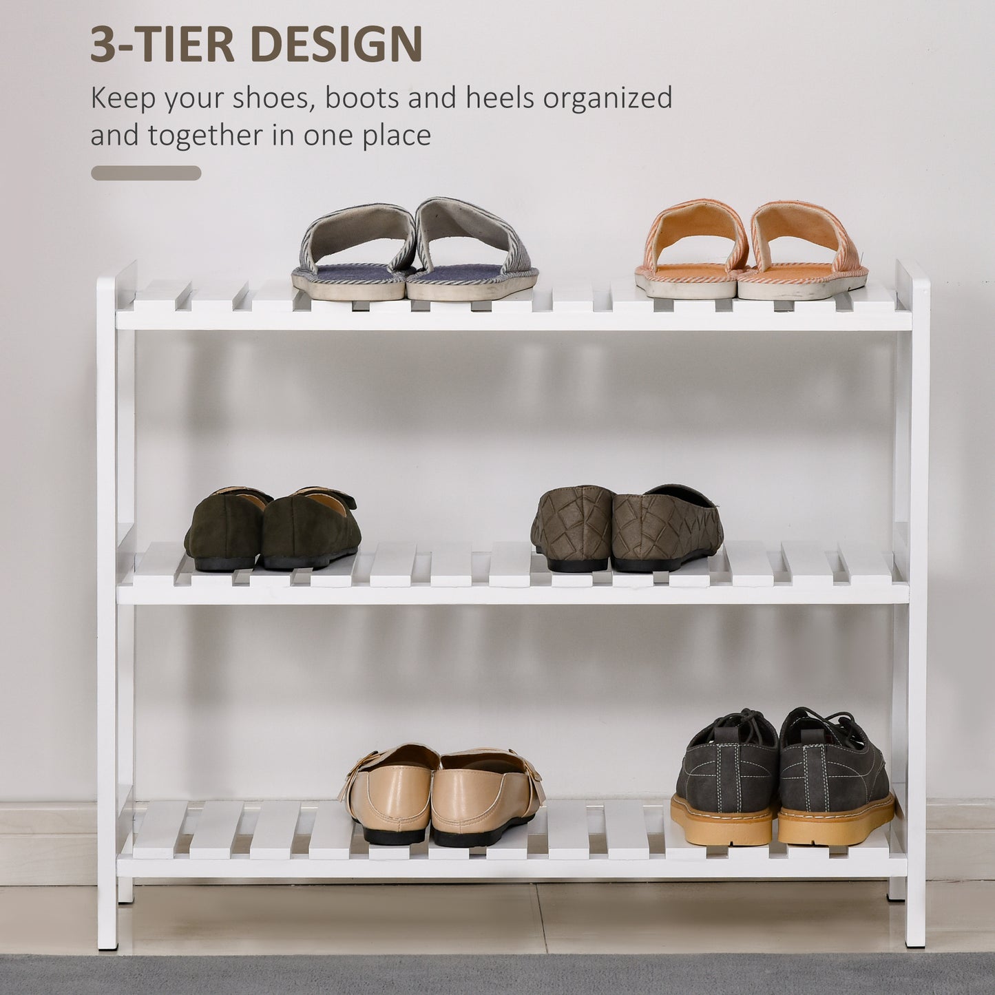 3-Tier Shoe Rack Wood Frame Slatted Shelves Open Storage, White
