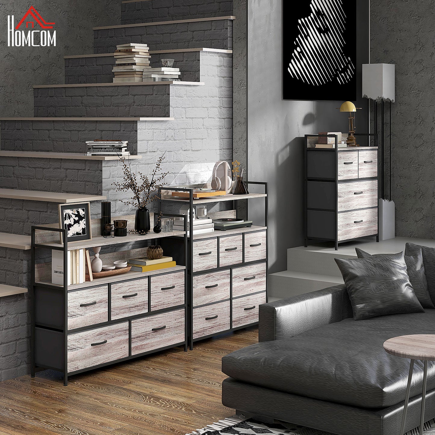 Bedroom Chest of Drawers 7 Drawer Dresser w/ Shelves, Grey Wood Effect