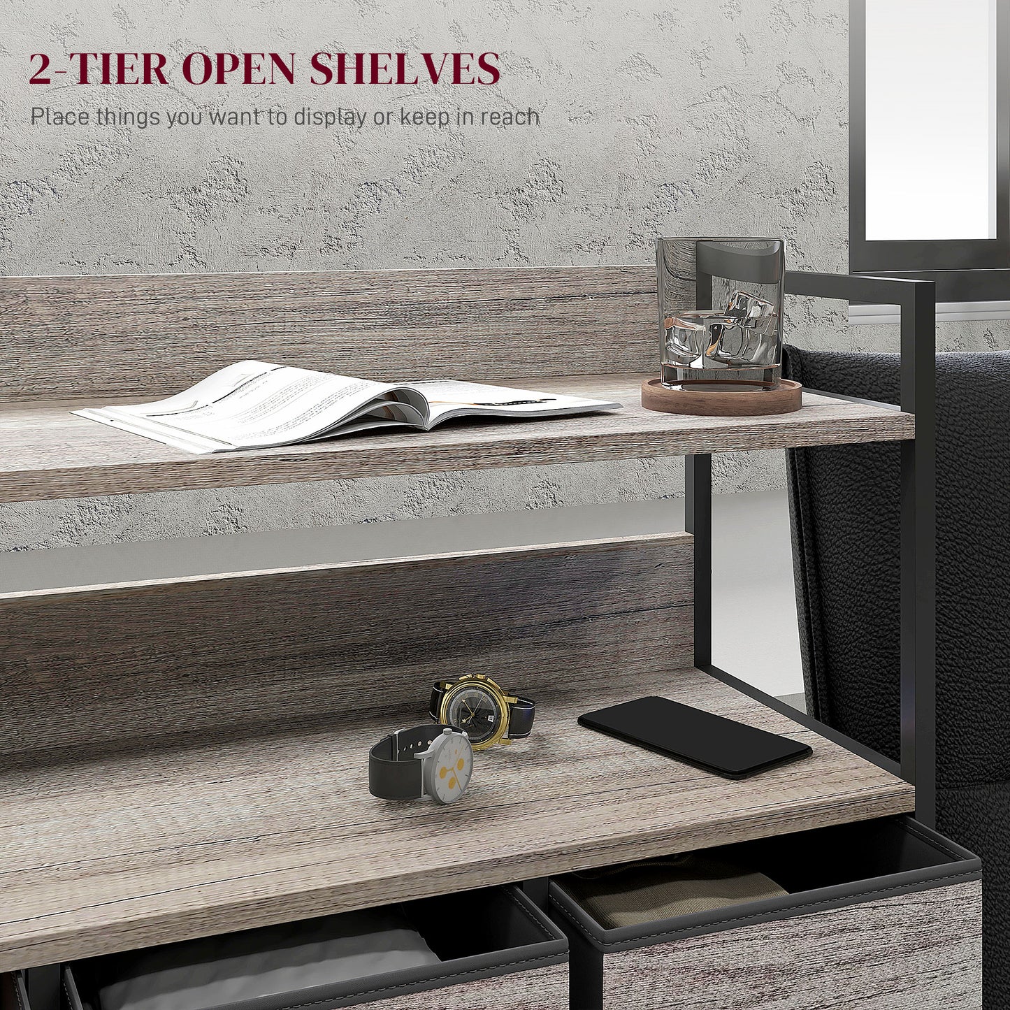 Bedroom Chest of Drawers 7 Drawer Dresser w/ Shelves, Grey Wood Effect