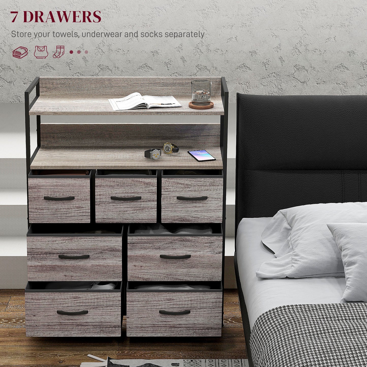 Bedroom Chest of Drawers 7 Drawer Dresser w/ Shelves, Grey Wood Effect