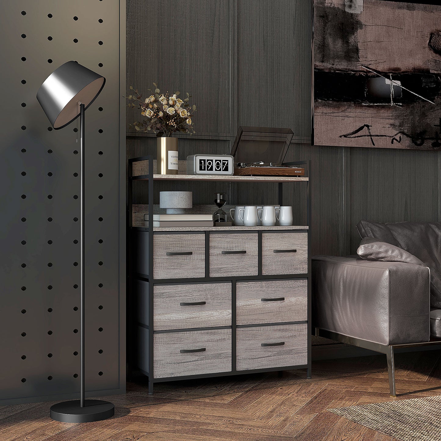 Bedroom Chest of Drawers 7 Drawer Dresser w/ Shelves, Grey Wood Effect