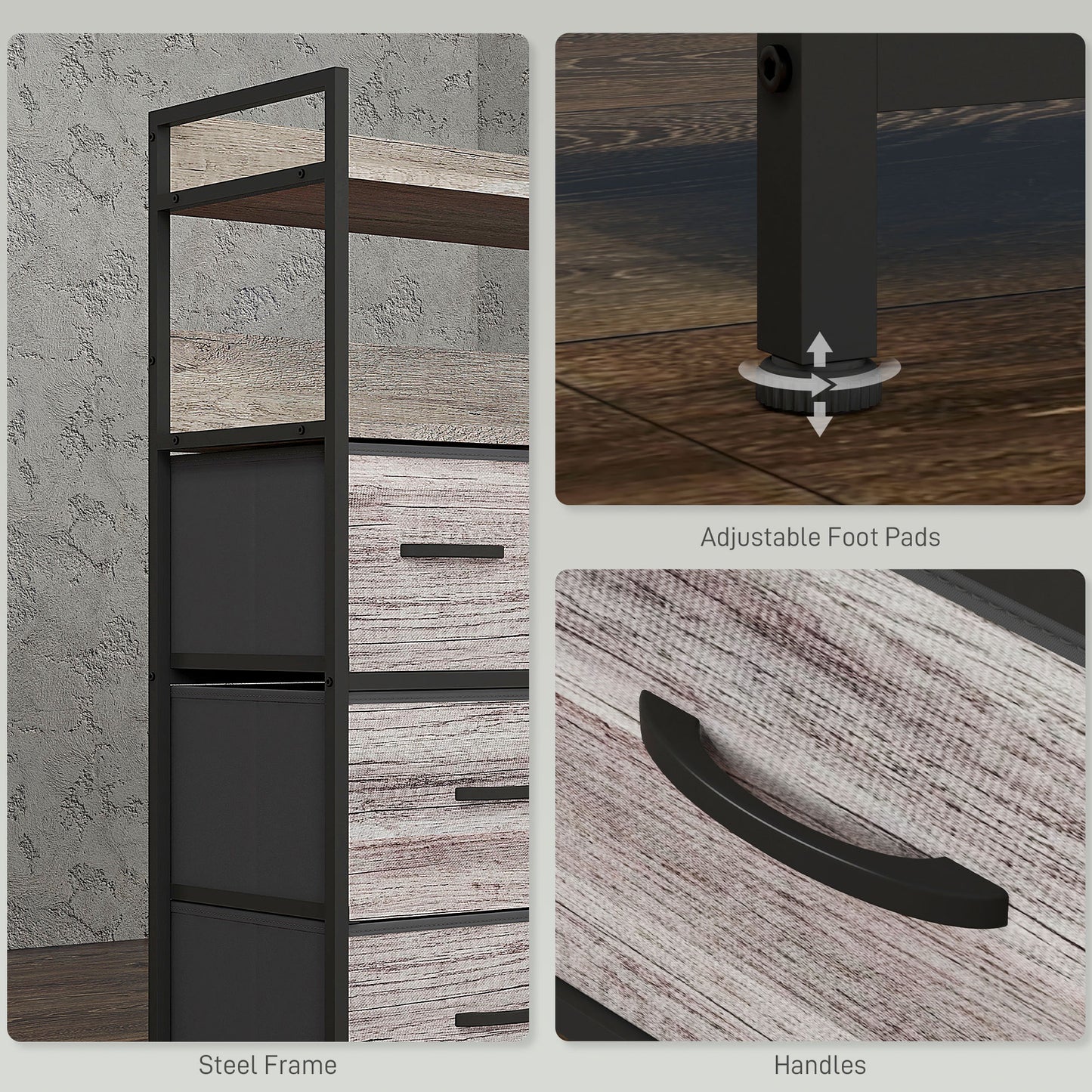 Bedroom Chest of Drawers 7 Drawer Dresser w/ Shelves, Grey Wood Effect