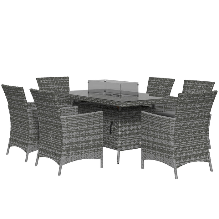 7 Pcs PE Rattan Dining Sets w/ Fire Pit Table, Garden Dining Set w/ Heater Table, Armchairs w/ Cushions, Glass Windscreen, 50,000 BTU, Grey