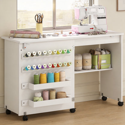 Folding Sewing Table, Craft Table with Storage compartments, White