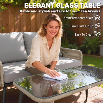 Rattan Garden Furniture Set, Tempered Glass with 3 Chairs