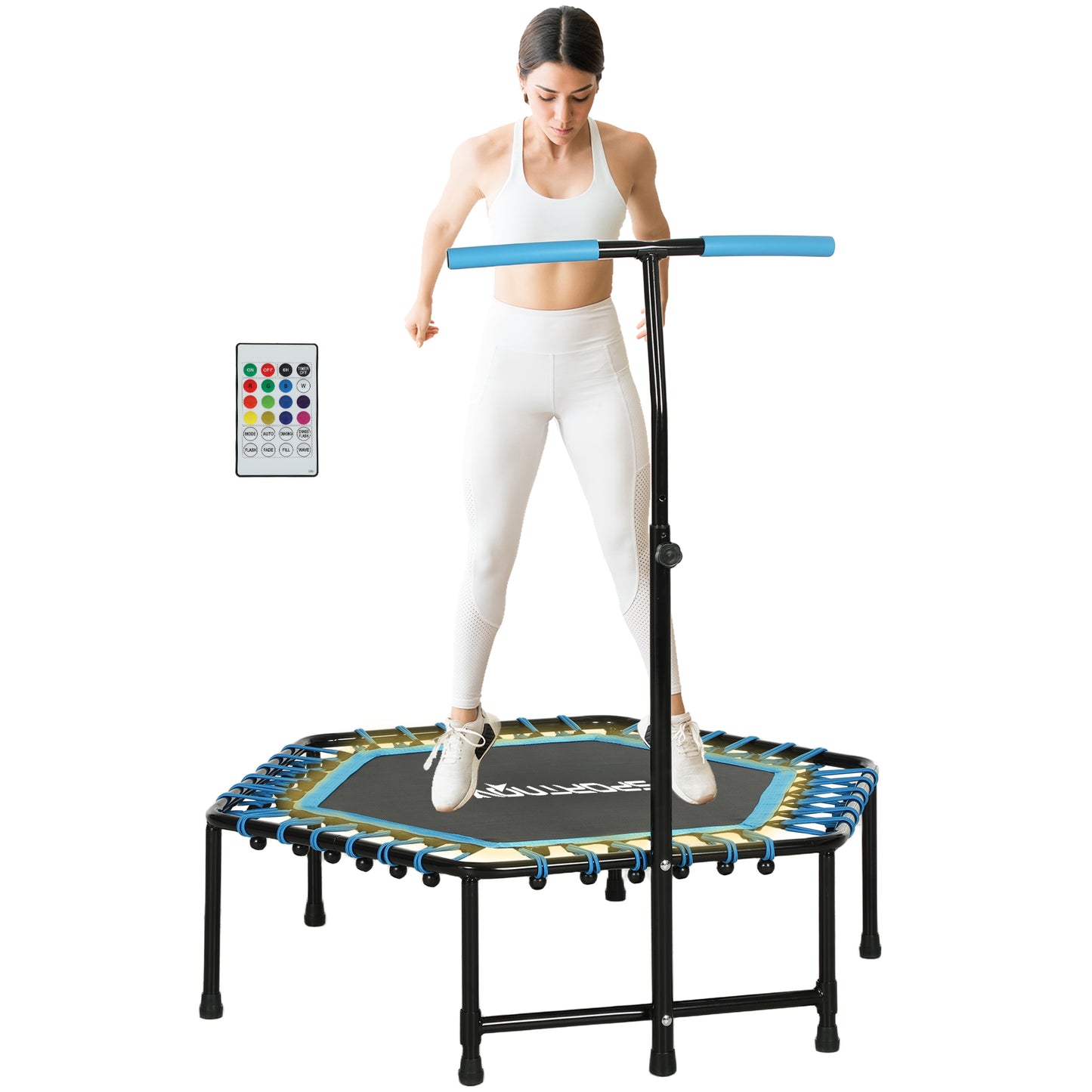 45" Fitness Trampoline with Adjustable Handle, LED Lights, Blue