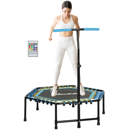 45" Fitness Trampoline with Adjustable Handle, LED Lights, Blue