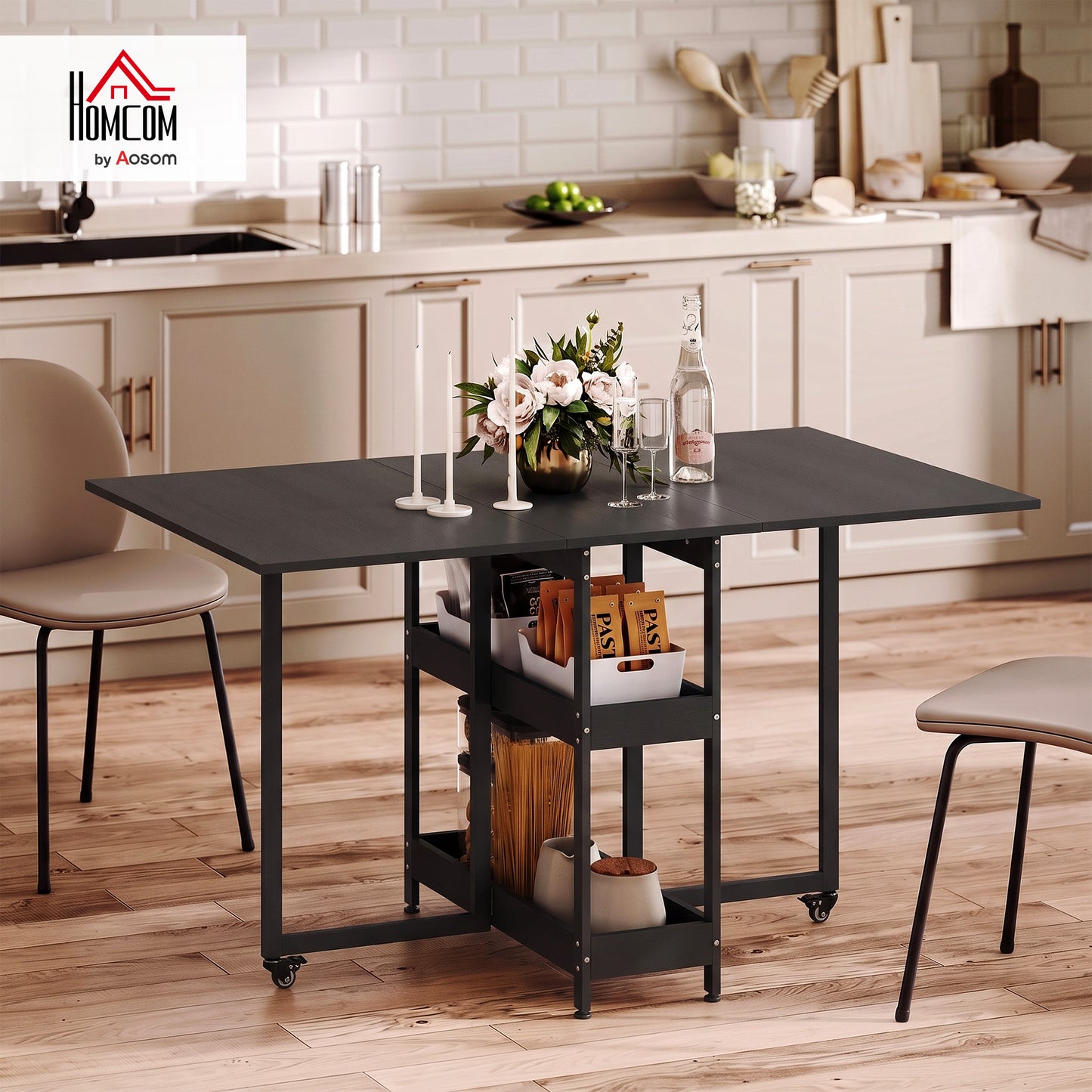 Folding Dining Table, Drop Leaf Table w/ Open Compartments, Black