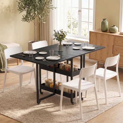 Folding Dining Table, Drop Leaf Table w/ Open Compartments, Black