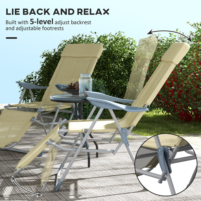 Outdoor Sun Lounger Set of 2, Reclining Garden Chairs w/ Adjustable Footrest, 2 pcs Recliner w/ 5-level Adjustable Backrest, Headrest, Beige