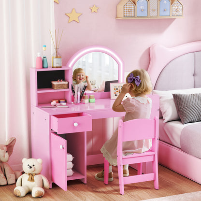 Girls Dressing Table with 2-Colour LED Mirror and Stool, Pink