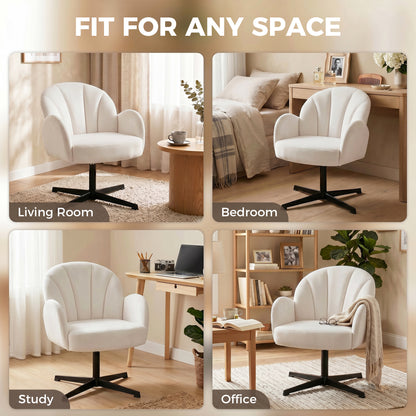 Swivel Accent Chair, Velvet-Feel Fabric Shell-Shaped Armchair with Spring Cushion, Metal Base, Modern Reading Chair for Living Room, Bedroom, Study, Makeup, Cream White