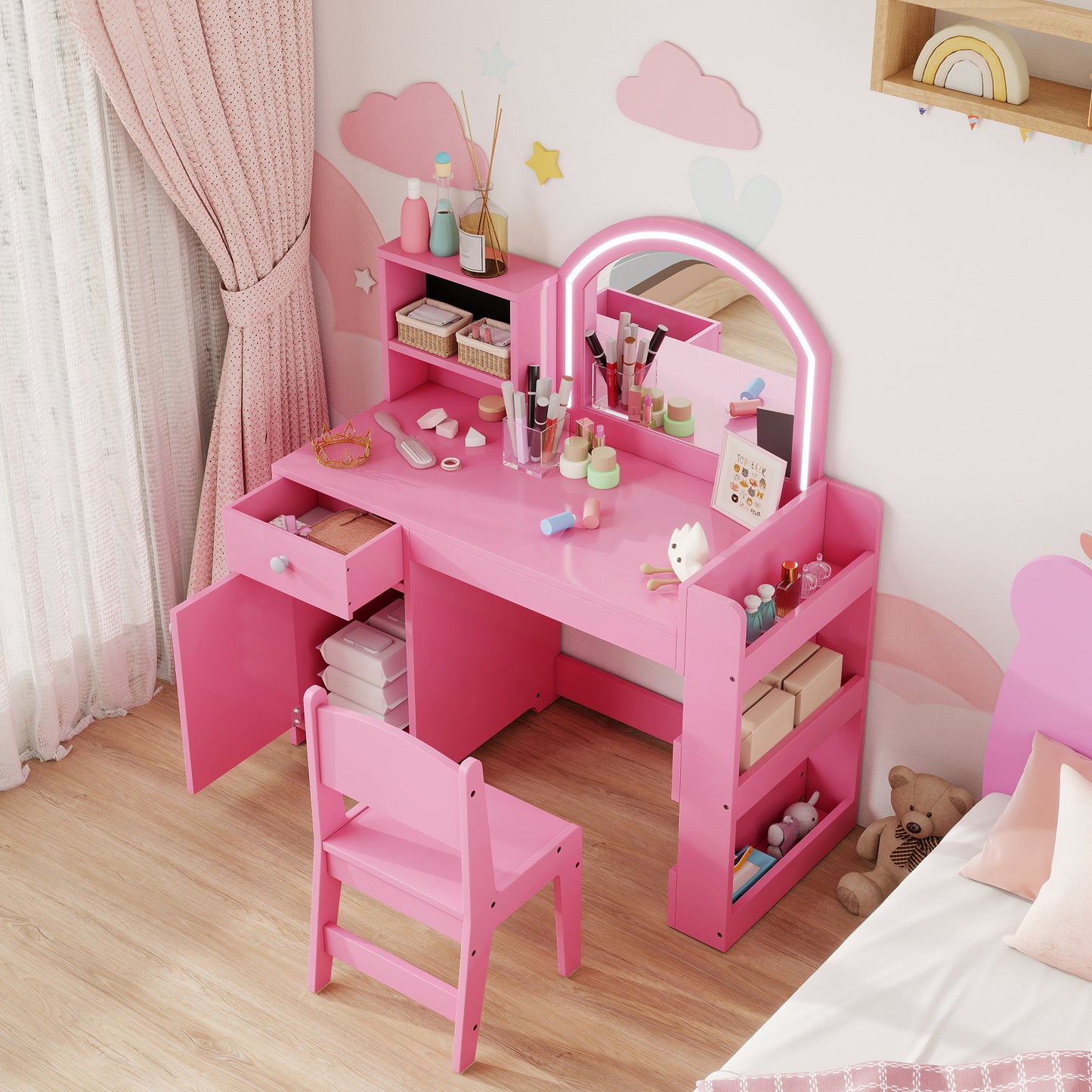 Girls Dressing Table with 2-Colour LED Mirror and Stool, Pink