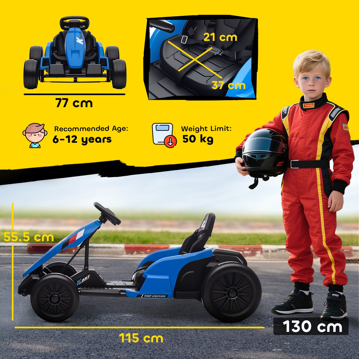 24V Electric Go Kart with Drift Mode, Adjustable Seat, Blue