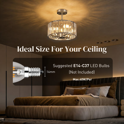 Crystal Ceiling Light Fixture, Semi Flush Mount Modern Crystal Chandelier Ceiling Light for Living Room, Bedroom, Hallway, Dining Room, E14 Base 3-Lights, Bulbs Not Included, Silver Tone