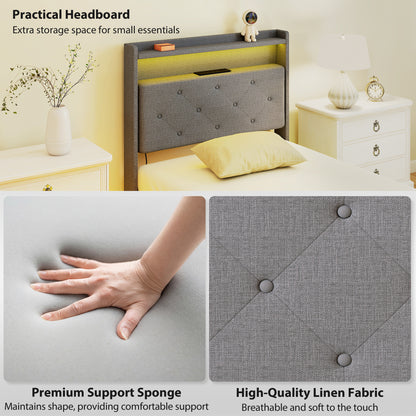 Floating Bed Frame with RGB Lights, Upholstered Single Size Bed, Grey