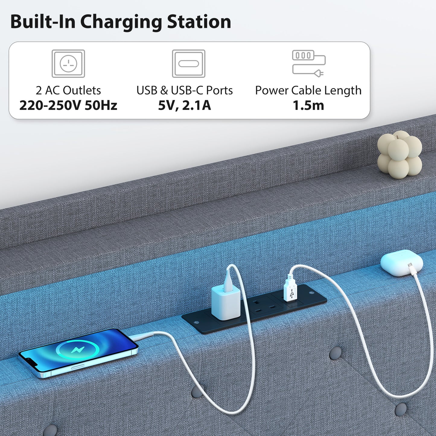 Floating Bed Frame with RGB Lights, Upholstered Single Size Bed, Grey
