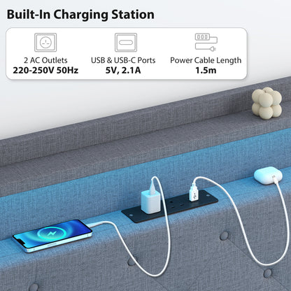Floating Bed Frame with RGB Lights, Upholstered Single Size Bed, Grey