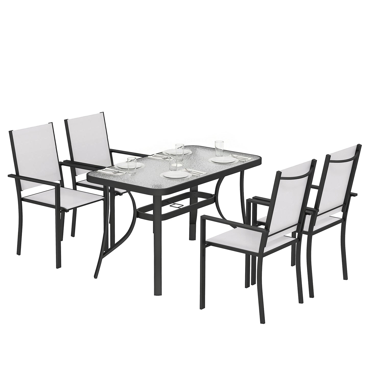 Garden Dining Set with Umbrella Hole, Stackable Chairs, Light Grey