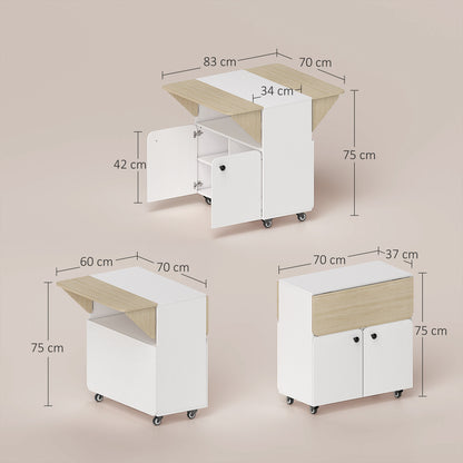 Folding Dining Table, Rolling Drop Leaf Table with Hidden Shelf