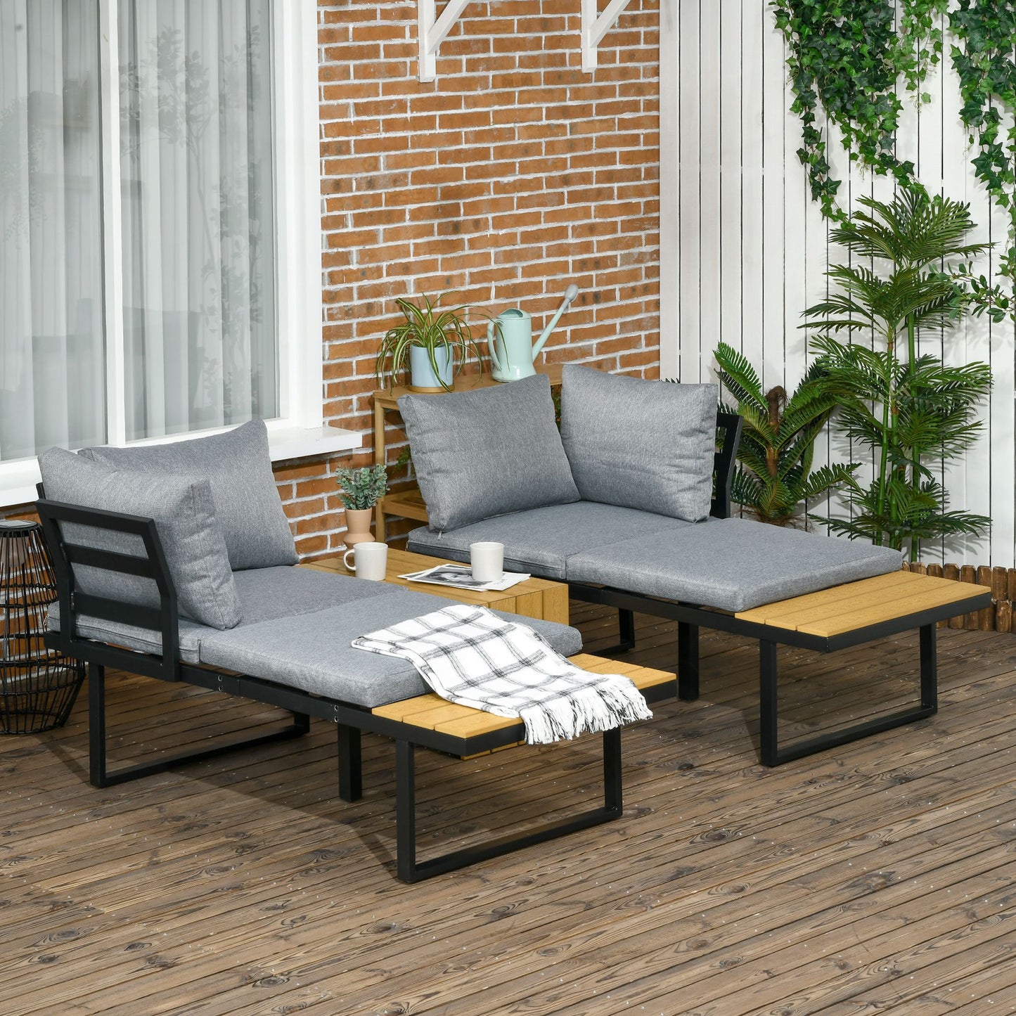 4-Seater Garden Sofa Set Patio Conversation Set w/ Padded Cushions, Wood Grain Plastic Top Table and Side Panel, Grey