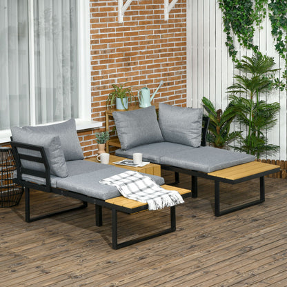 4-Seater Garden Sofa Set Patio Conversation Set w/ Padded Cushions, Wood Grain Plastic Top Table and Side Panel, Grey