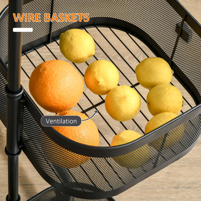Metal Storage Cart with Top Tray and 4 Mesh Baskets, Black