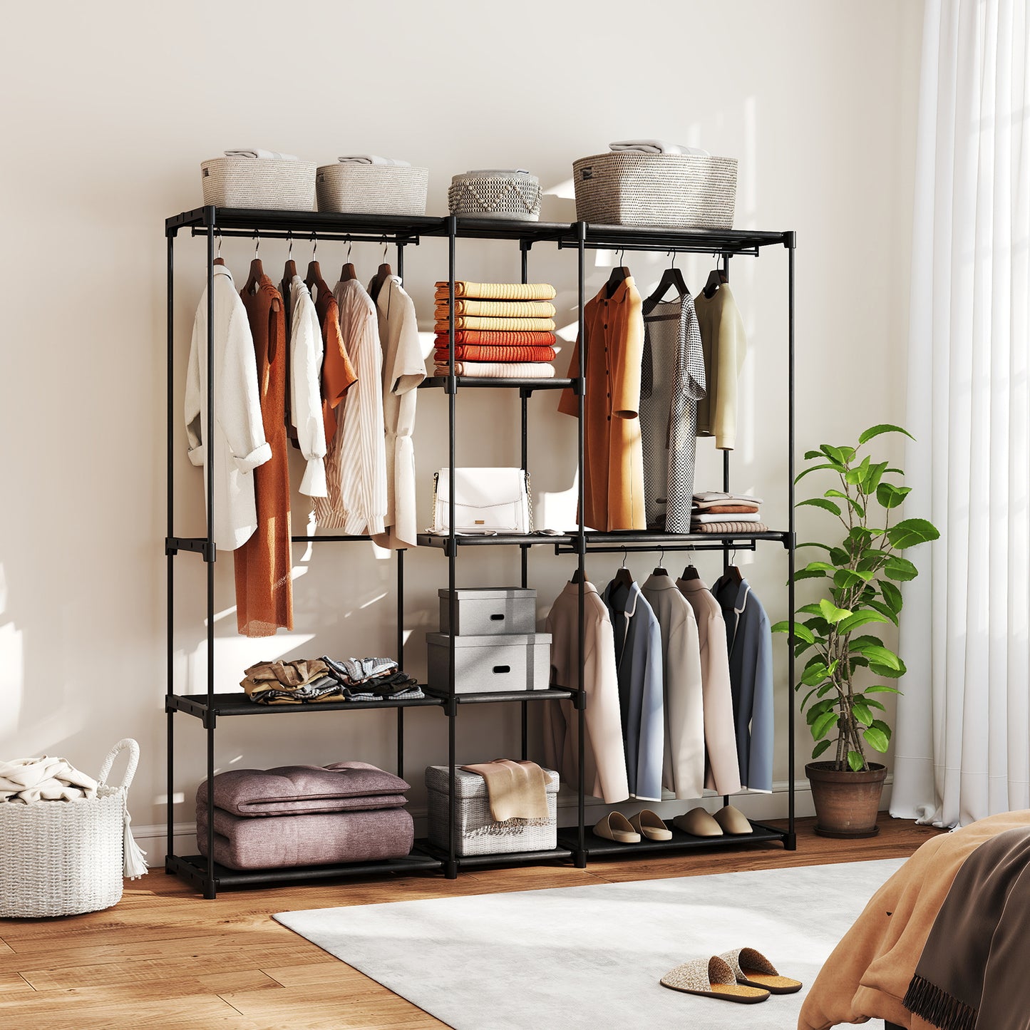 Portable Wardrobe, Open Clothes Wardrobe with 8 Shelves, 3 Hanging Rails, Freestanding Coat Rack Organiser, 182 x 43 x 185cm, Black