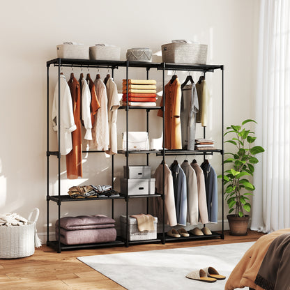 Portable Wardrobe, Open Clothes Wardrobe with 8 Shelves, 3 Hanging Rails, Freestanding Coat Rack Organiser, 182 x 43 x 185cm, Black