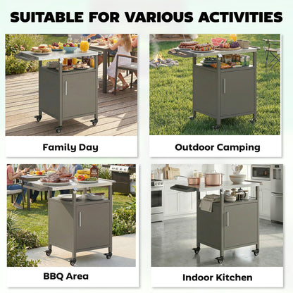 Outdoor Grill Cart with Cabinet, Food Prep Table on Wheels, Brown