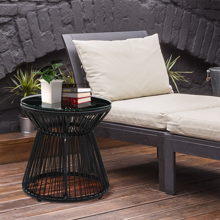 Round End Table, Rattan Side Table, Hollow Drum Design Coffee Table w/ Glass Tabletop for Patio, Garden, Balcony Black